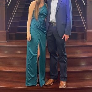 Lulu’s teal, one shoulder, satin wedding guest dress